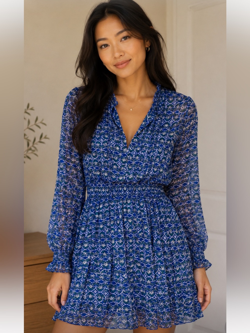 Zara Royal Blue & White Printed Long-Sleeve Smocked Dress